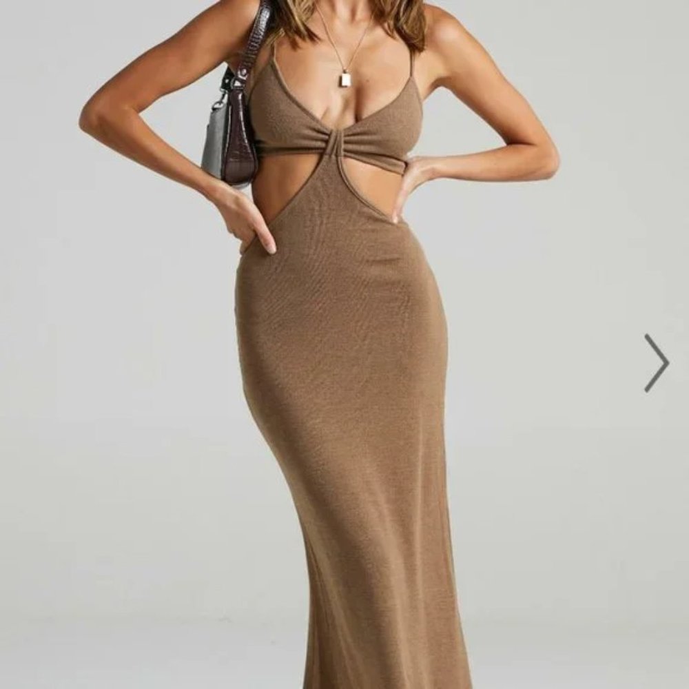 Showpo Kessandra Cut Out Midi Dress brown size 2